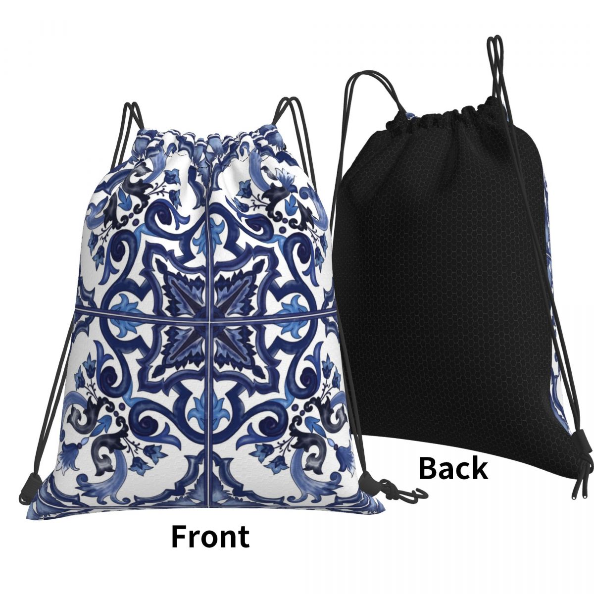 Tile Bag Drawstring - Blue Ornate Floral Mediterranean Sicilian Tile