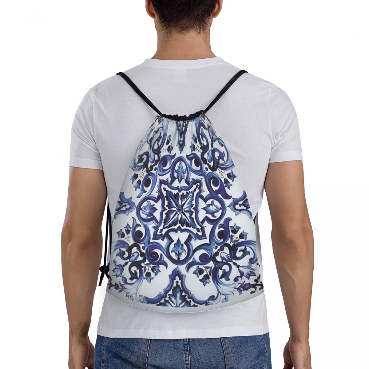 Blue Ornate Floral Mediterrane - Tile Bag Drawstring recension och pris