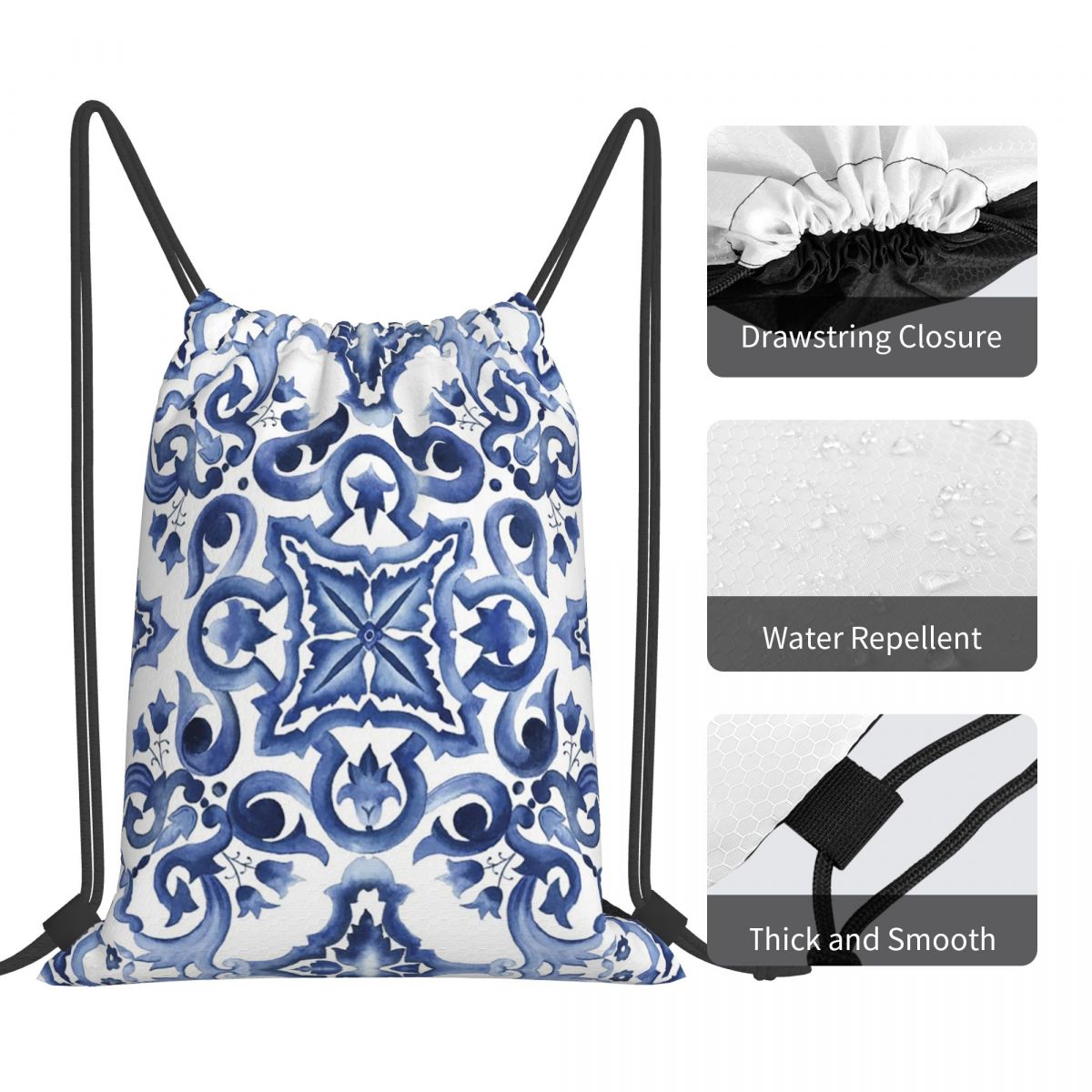 Blue Ornate Floral Mediterrane - Tile Bag Drawstring recension och pris