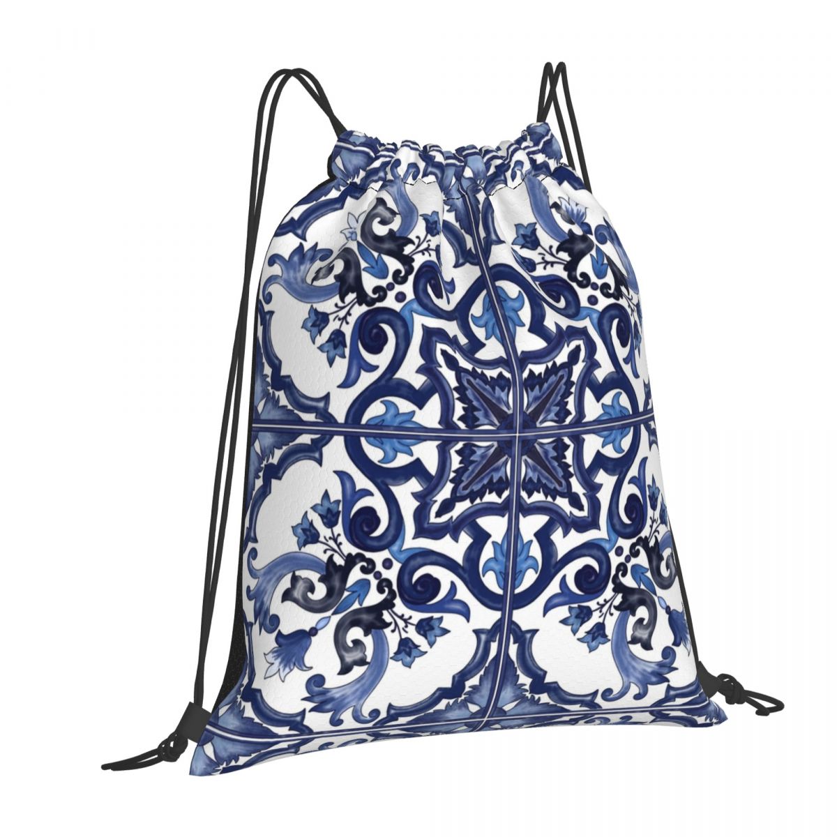 Blue Ornate Floral Mediterrane - Tile Bag Drawstring recension och pris